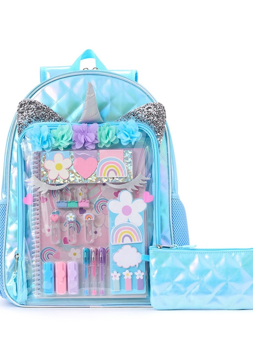 Girls Iridescent Light Blue Unicorn Backpack with Matching Pencil Case